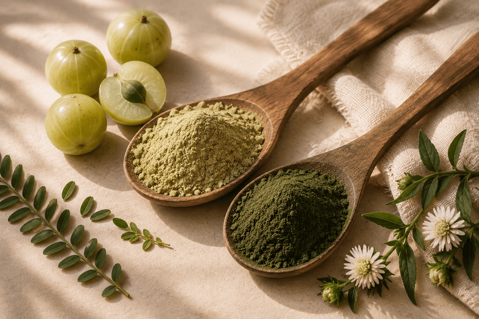 Amla and bhringraj powders on wooden spoons