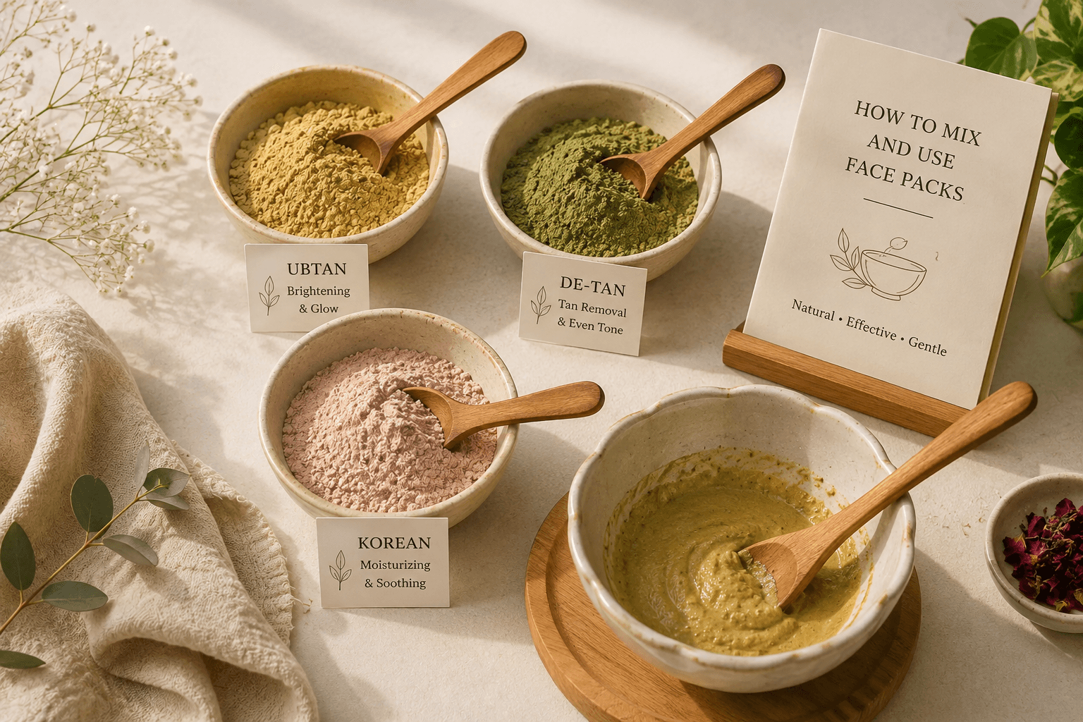 Various face pack powders and bowls with spoons