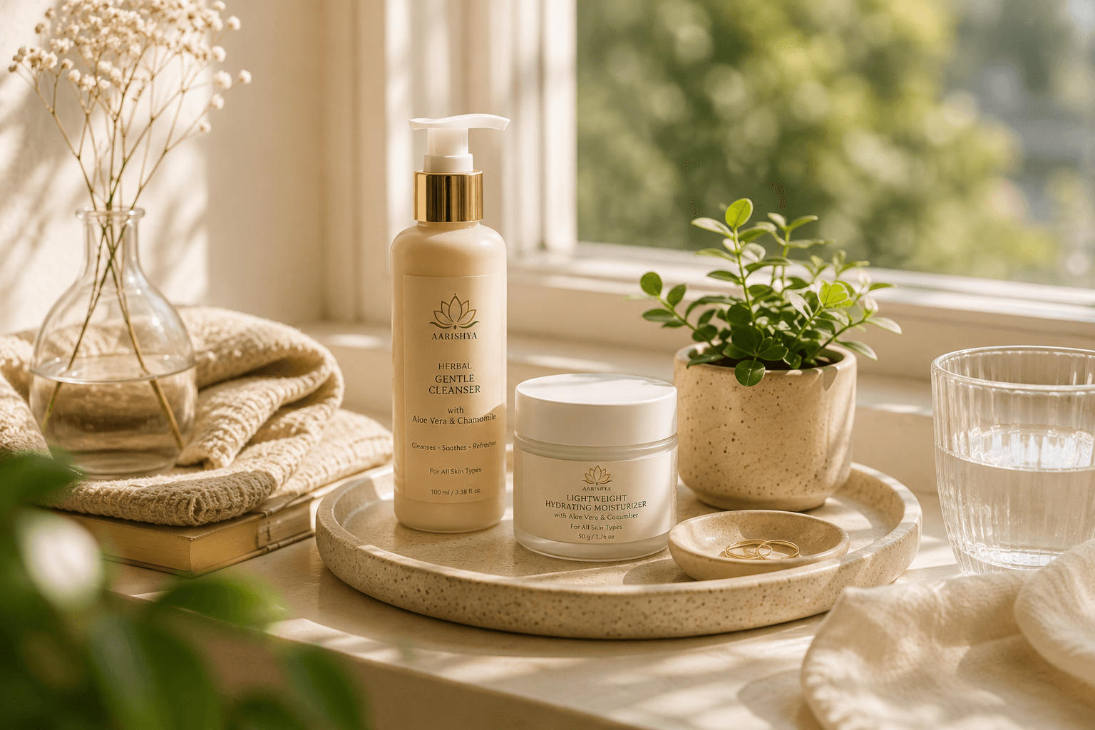 Morning skincare essentials on a windowsill