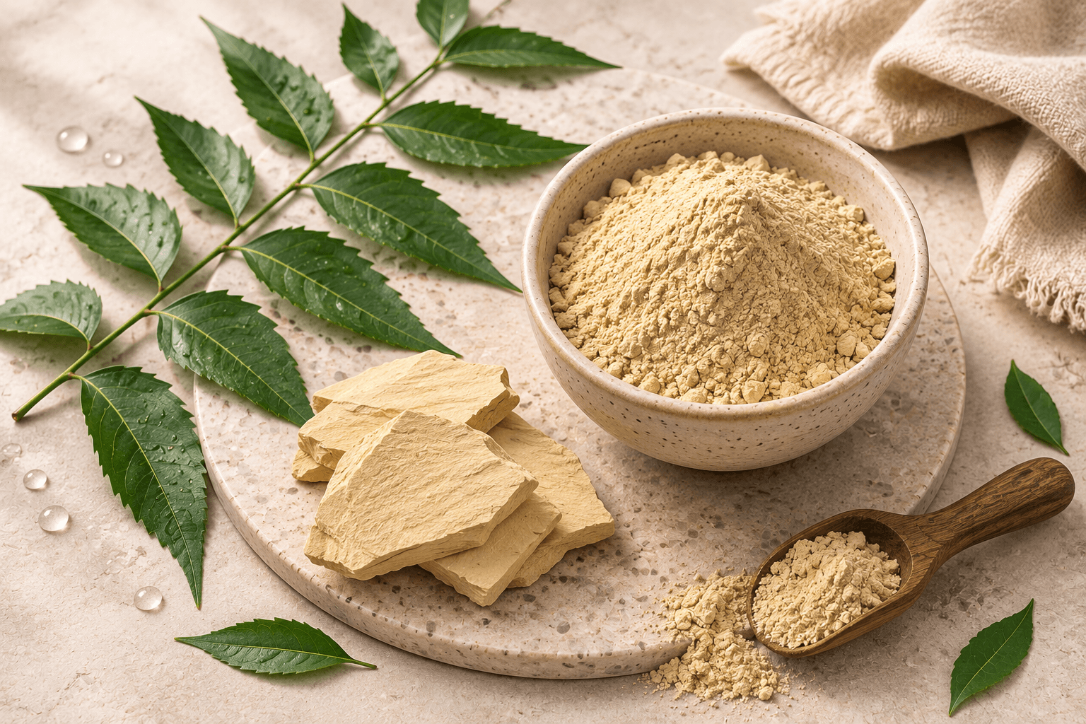 Multani mitti clay and neem leaves arranged on a surface