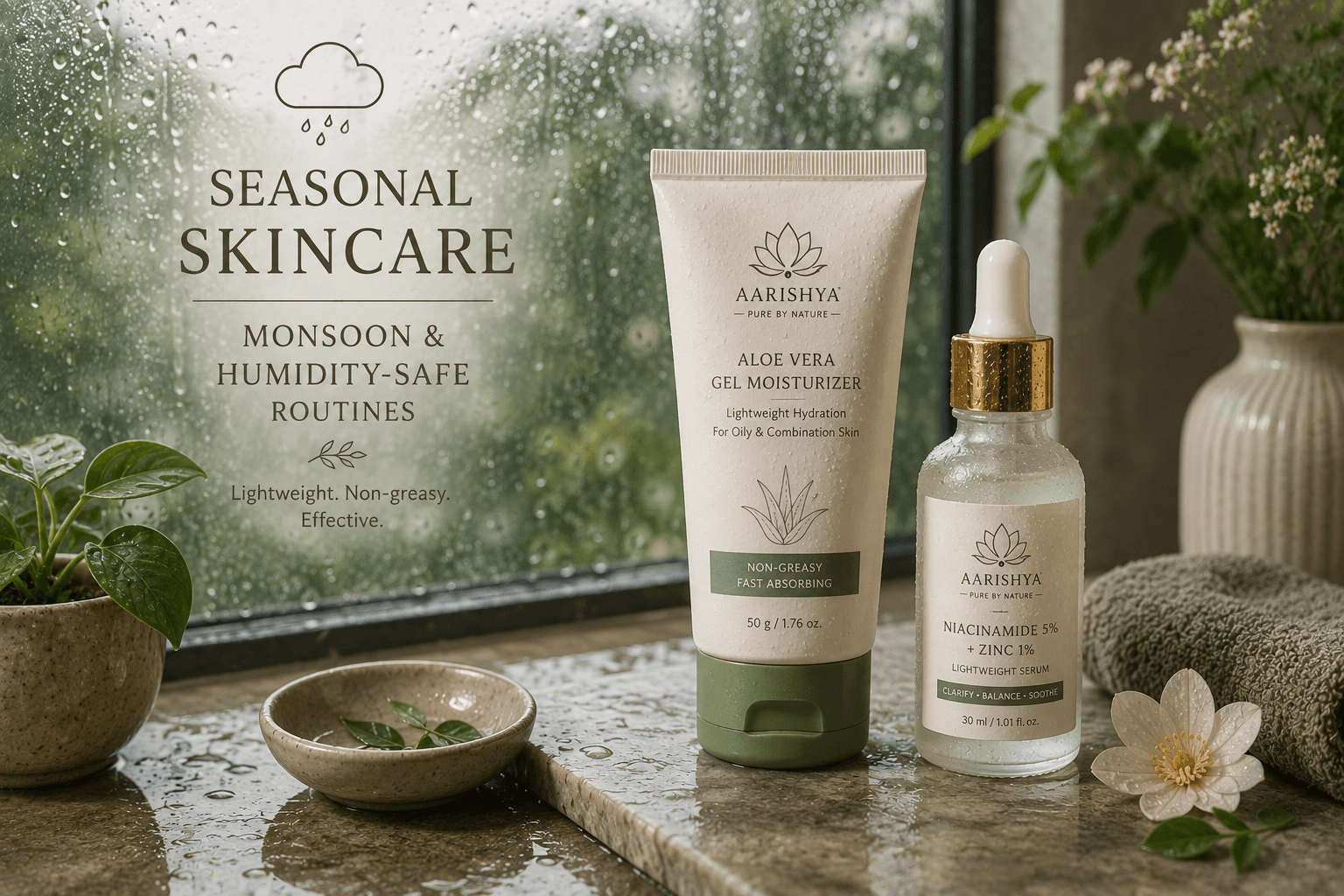 Serums and gel moisturizers on a rainy backdrop