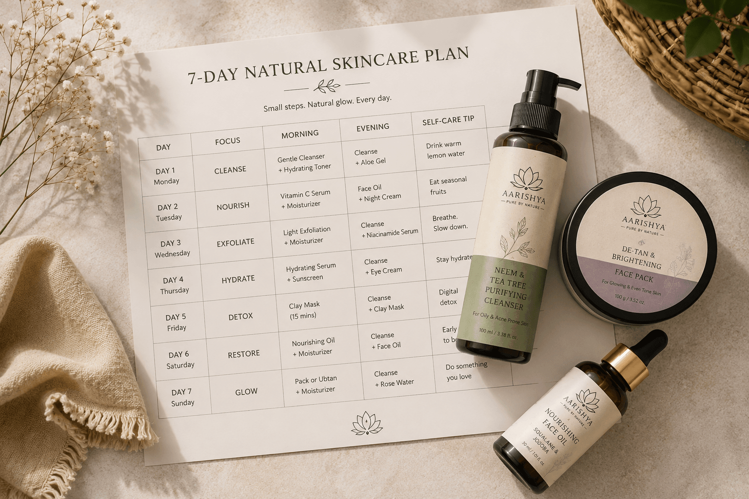 Calendar with skincare items placed on top