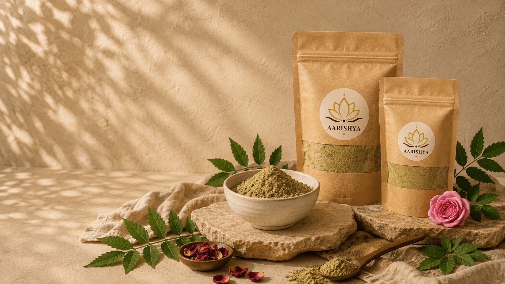 Aarishya skincare arranged on a linen surface in morning light