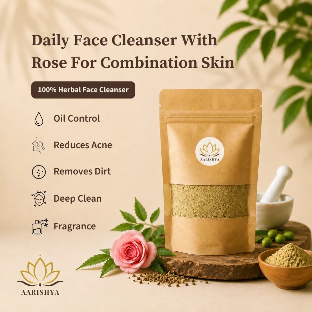 Aarishya Daily Face Cleanser with Rose for Combination Skin pouch with a pink rose