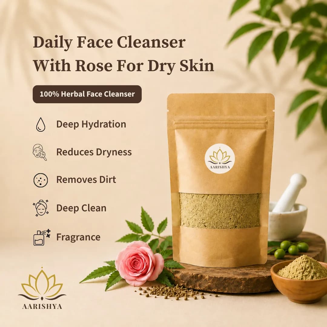Aarishya Daily Face Cleanser with Rose for Dry Skin pouch with a pink rose