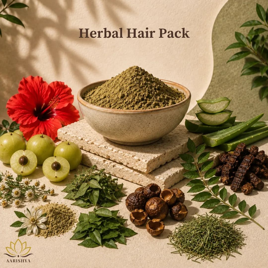 Herbal Hair Pack powder in a bowl, surrounded by hibiscus, amla, aloe vera, curry leaf, shikakai and reetha