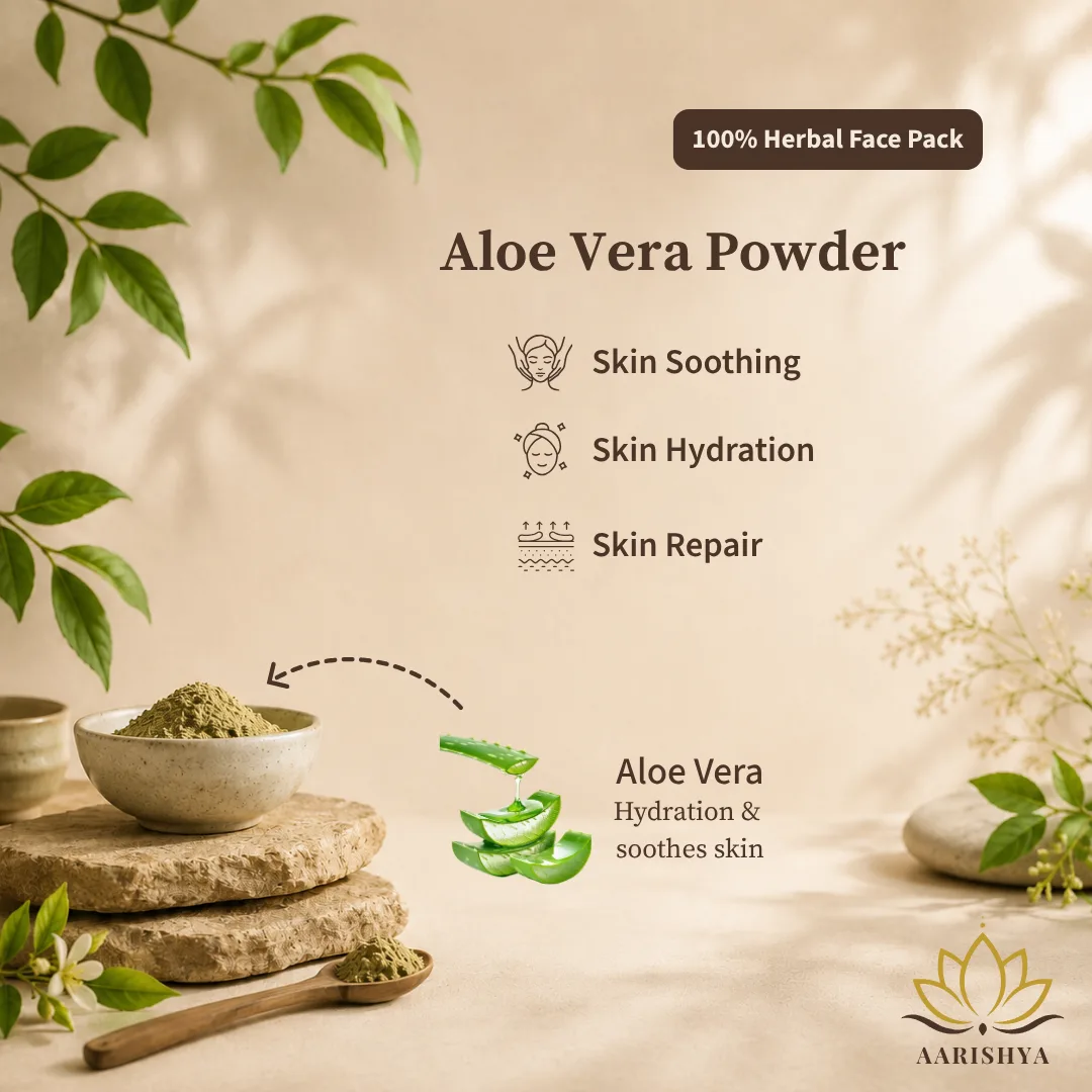 A ceramic bowl of pale green herbal powder on stacked stone slabs in a beige studio setting, with a dashed arrow running from a cut-out photo of sliced aloe vera leaf to the bowl.