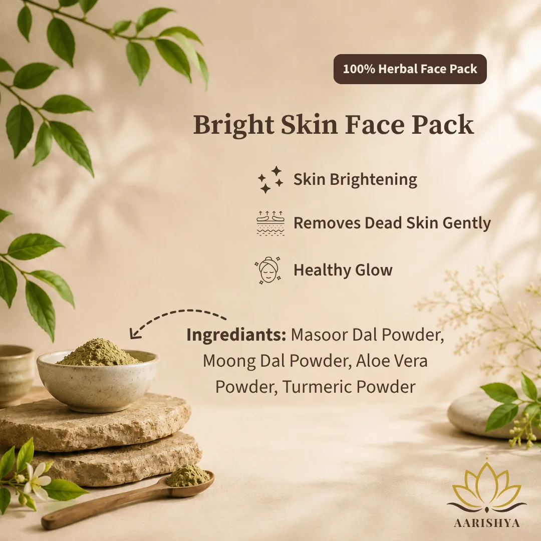 A ceramic bowl of pale green herbal powder on stacked stone slabs with a wooden spoon of powder, green leaves, a smooth stone and dried blossoms in a beige studio setting, with the title, benefit icons and ingredient text overlaid.