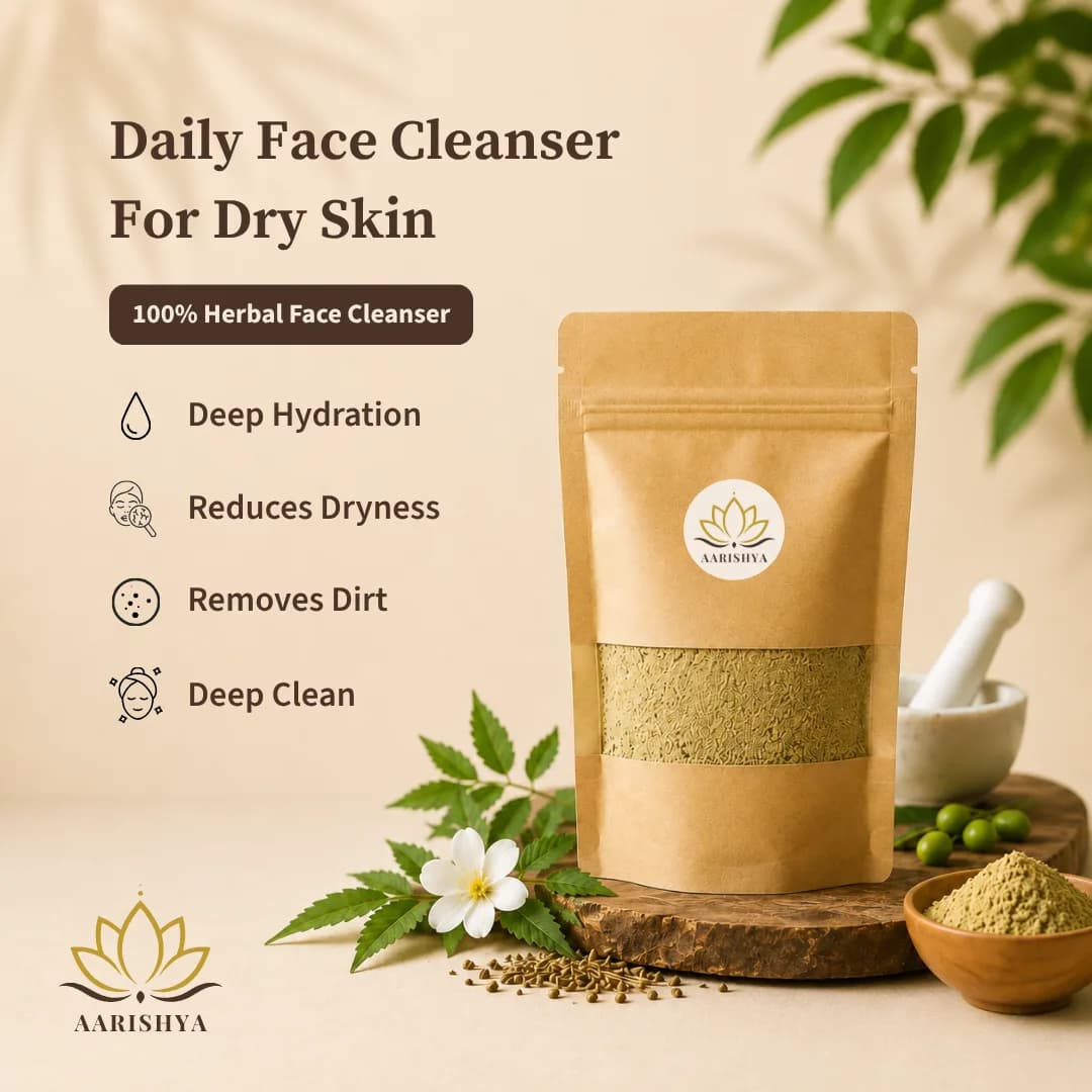 Aarishya Daily Face Cleanser for Dry Skin pouch with herbal powder