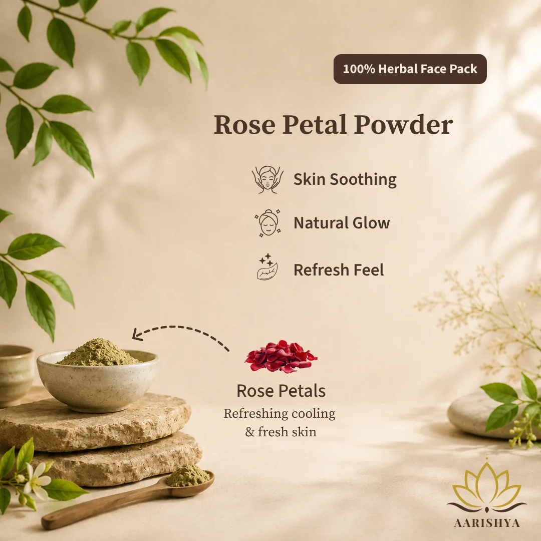 A ceramic bowl of pale green herbal powder on stacked stone slabs in a beige studio setting, with a dashed arrow running from a cut-out photo of a pile of dried red rose petals to the bowl.